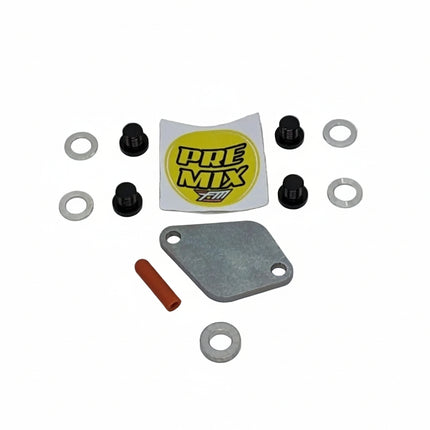 Mechanical parts including washers, a metal plate, and a red component on a white background with 'PRE MIX' branding.