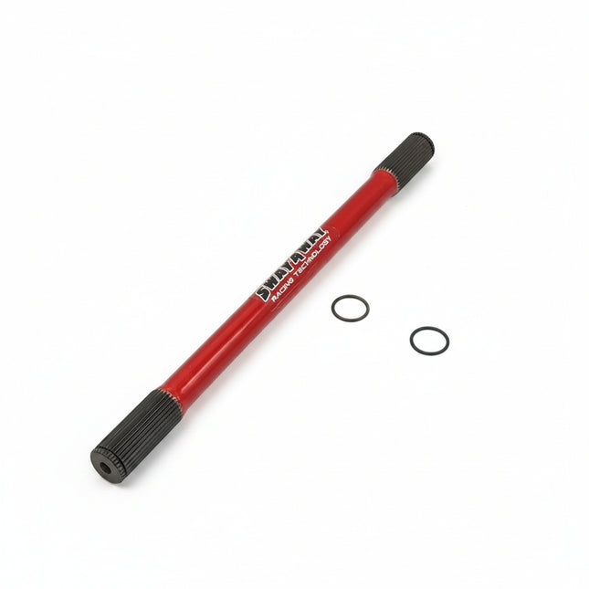 Red and black cylindrical tool with o-rings on a white background