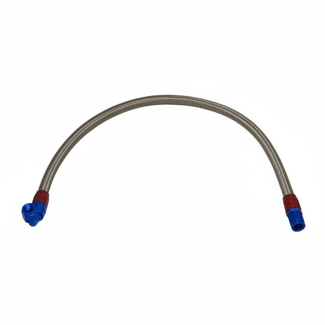 Metal hose with red and blue connectors on a white background