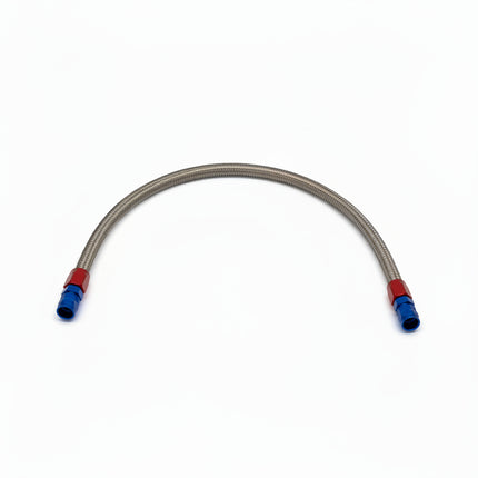 Bendable metal hose with red and blue connectors on a white background