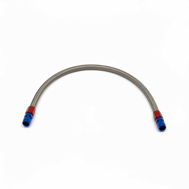 Bendable metal hose with red and blue connectors on a white background