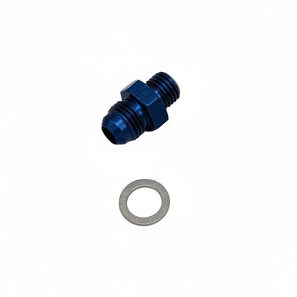 Blue metal fitting and washer on a white background