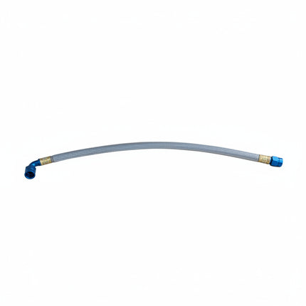 A curved stainless steel braided hose with blue metal fittings on both ends