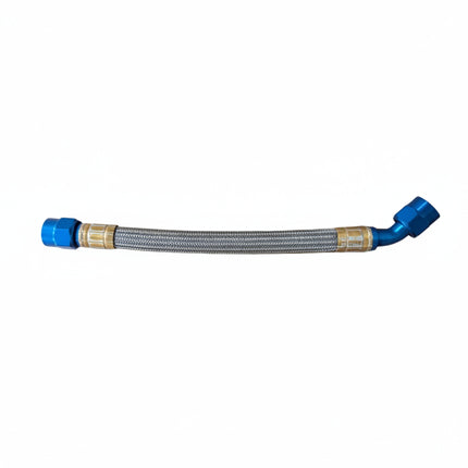 A braided metal hose with blue anodized fittings