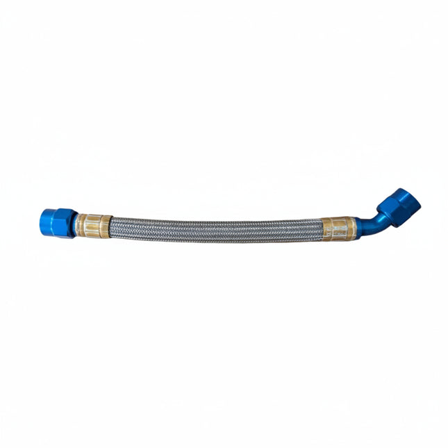 A braided metal hose with blue anodized fittings
