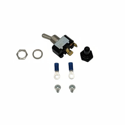 Electrical components including a toggle switch, screws, and connectors on a gray background