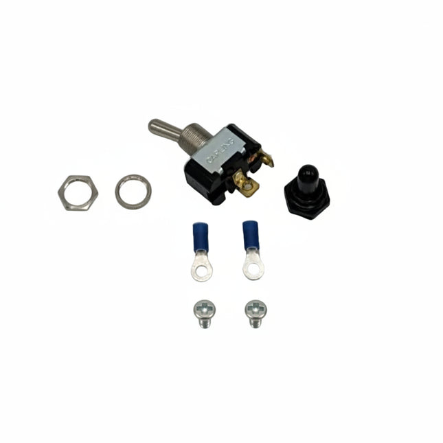 Electrical components including a toggle switch, screws, and connectors on a gray background