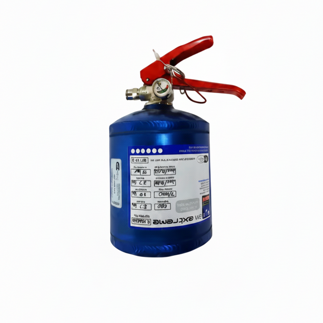 Blue fire extinguisher with red handle on a white background
