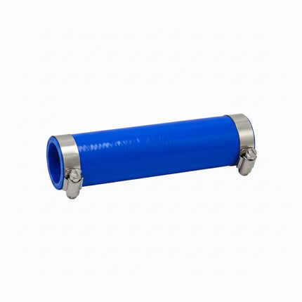 Blue flexible hose with metal clamps on a white background