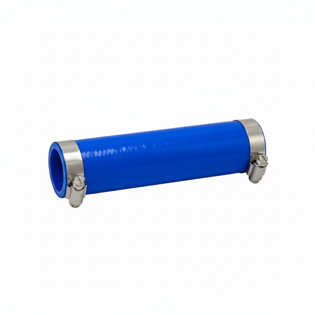 Blue flexible hose with metal clamps on a white background