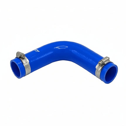 Blue silicone hose with metallic ends on a white background
