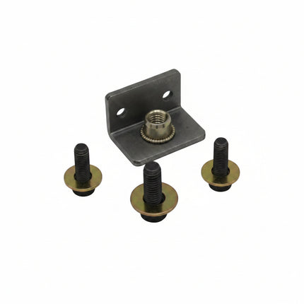 Metal bracket with screws on a light gray background