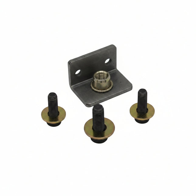 Metal bracket with screws on a light gray background