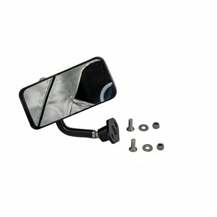 Racecar mirror with mounting hardware on a white background