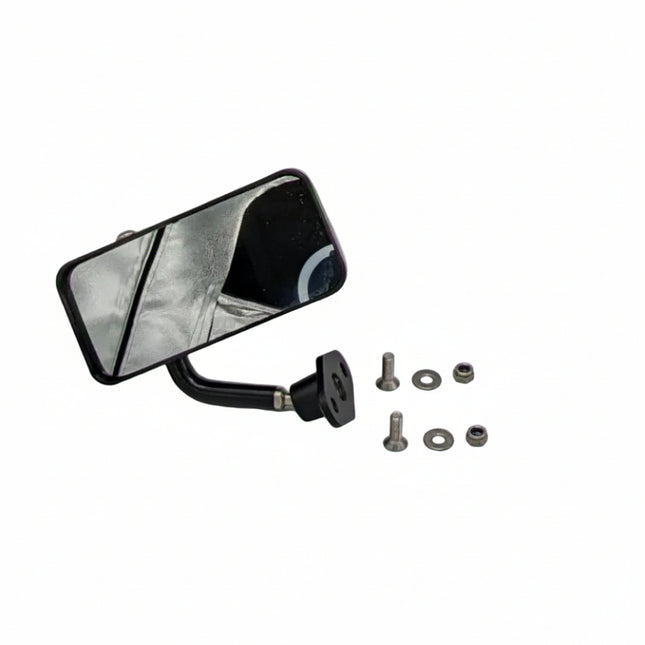 Racecar mirror with mounting hardware on a white background