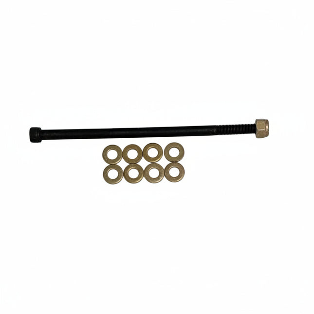 Black metal rod with brass washers on a white background