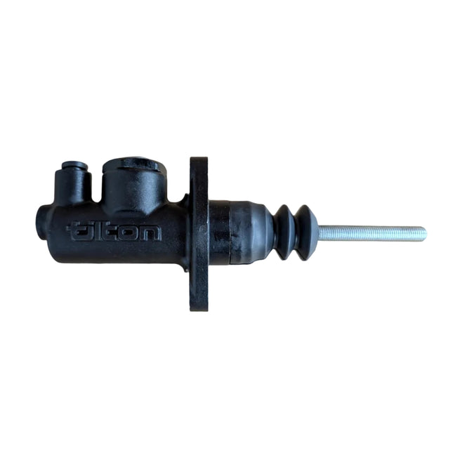 A black pneumatic brake cylinder with a silver threaded rod extending from the right side.