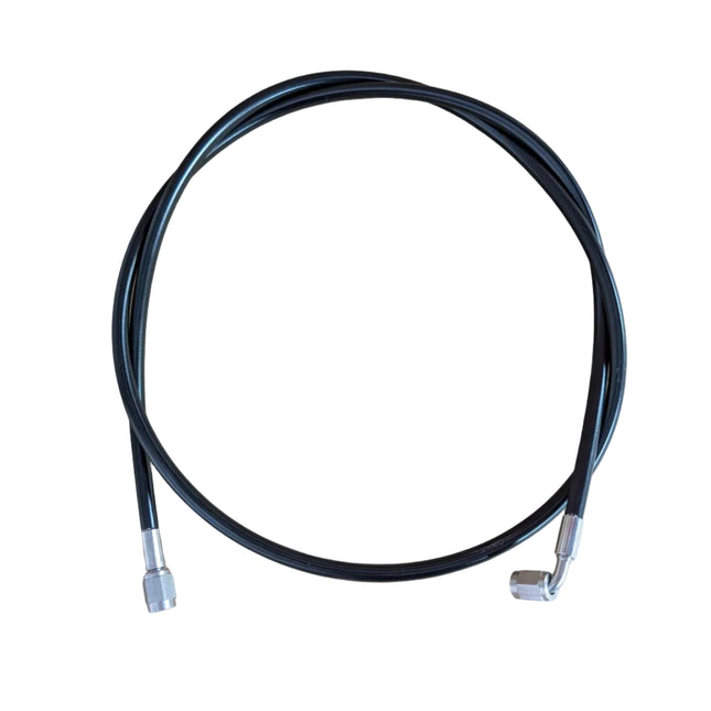 A black cable with silver metal connector ends